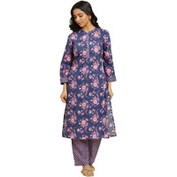 W For Woman Navy Blue Floral Printed Kurta And Stripe Pants Set (Size: S)-24Fews10736-123510