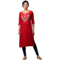 Aurelia Womens Solid Zari Embriodery Straight Kurta | Lightweight Round Neck Kurta For Women | Solid Kurta For Women | Beautiful Regular Fit Kurta For Women Red