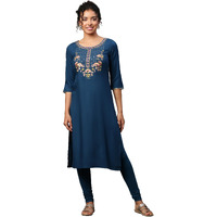 Aurelia Womens Solid Zari Embriodery Straight Kurta | Lightweight Round Neck Kurta For Women | Solid Kurta For Women | Beautiful Regular Fit Kurta For Women Blue