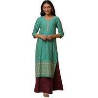 Aurelia Womens Ikkat Printed Straight Kurta | V-Neck Kurta For Women | Ikkat Printed Kurta For Women | Beautiful Regular Fit Kurta For Women Green