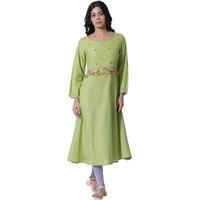 W For Woman Green Embroidered A-Line Cotton Kurta And Tights Set_23Fews18441-218446_L