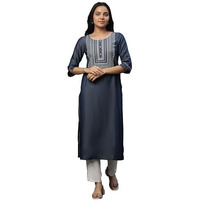 Aurelia Womens Solid Thread Embroidery Straight Kurta | Round Neck Kurta For Women | Solid Kurta For Women | Beautiful Regular Fit Kurta For Women Blue