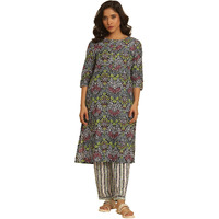 W Women Black Floral Print Cotton Kurta & Straight Pant_24Fews10825-123534_2Xl