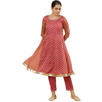 W For Woman Pink Festive Striped Print Organza Flared Kurta Set With Straight Pant_24Fews19928-121974_L
