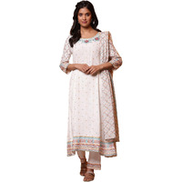 Aurelia White Floral Printed Flared Kurta, Trousers And Dupatta Set (Size: M)-24Feas15133-507877