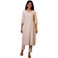 Aurelia Women's Cotton Blend Checkered Regular Kurta (24Fea15220_Beige