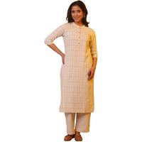 Aurelia Women Beige Checked Rayon Blend Co-Ord Kurta Set With Palazzos_24Feas15013_S