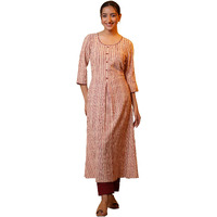 Aurelia Women's Cotton Striped Regular Kurta (24Fea14833_Beige