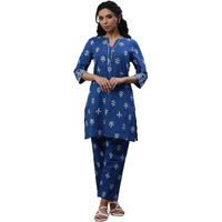 W For Woman W Women Blue Floral Print Cotton Co-Ord Kurta Set & Straight Pant_24Fews10823-123670_Xs