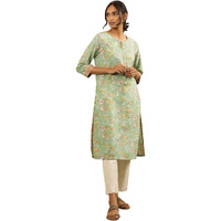 W For Woman Folksong By W Women Green Floral Print Cotton Straight Kurta_24Maf11850-911010B_S