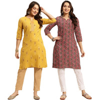 Rangita Coral & Yellow Cotton Knee Length Printed Straight Kurti For Women | Kurta For Women_3Xl (Pack Of 2)