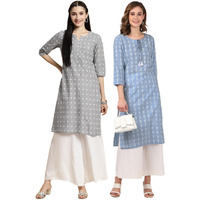 Rangita Light Grey & Light Blue 100% Cotton Knee Length Printed Straight Kurti For Women | Kurta For Women_2Xl (Pack Of 2)
