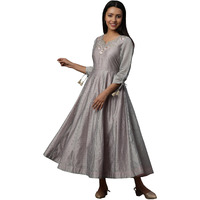 Aurelia Grey Zari Embroidered Flared Dress (Size: L)-24Fea15109-704597