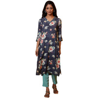 Aurelia Womens Floral Printed Straight Kurta | V-Neck Kurta For Women | Floral Printed Kurta For Women | Beautiful Regular Fit Kurta For Women Blue
