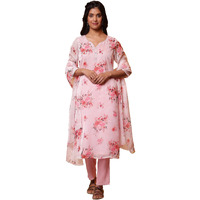 Aurelia Pink Floral Printed Straight Kurta, Pants And Organza Dupatta (Size: Xs)-24Feas15215-508259