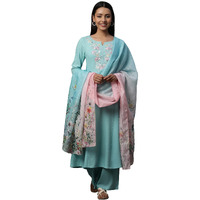 Aurelia Blue Embroidered Kurta, Pants And Floral Printed Dupatta Set (Size: Xl)-24Feas15225-607196