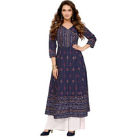 Rangita Navy Rayon Calf Length Printed Angrakha Kurti | Kurta For Women_Xl