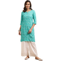 Rangita Turquoise Rayon Printed Straight Kurta With Palazzo | Kurta Set For Women_L