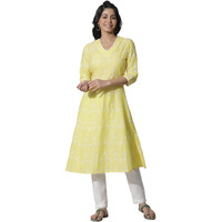 W For Woman Yellow Floral Print Cotton Flared Kurta_24Few11141-400370_Xs