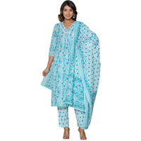 Rangita Blue Cotton Embroidered Straight Kurti With Pant And Dupatta | Kurta Set For Women_Xl