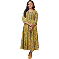 Rangita Yellow Cotton Calf Length Embroidered Tiered Flared Kurti | Kurta For Women_Xl