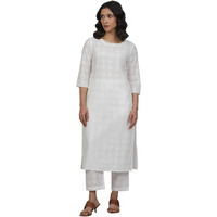 W For Woman White Checked Print Cotton Straight Co-Ord Kurta Set With Straight Pant_24Fews11144-400539_S