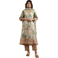W For Woman Wishful White Festive Floral Print Organza Flared Kurta Set With Straight Pant & Dupatta_24Fesp10685-123706_M