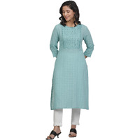 W For Woman Blue Cotton Kurta With Schiffli Yoke (Size: Xs)-24Few11368-221948