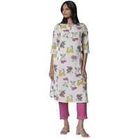 W For Woman White Floral Printed A-Line Textured Cotton Kurta (Size: 3Xl)-24Few11263-123574