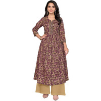 Rangita Wine Cotton Calf Length Embroidered Anarkali Kurti | Kurta For Women_M