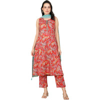W For Woman Red Floral Printed Sequined Pure Cotton A-Line Kurta, Straight Pants And Teal Printed Dupatta_24Fews11014-124128_2Xl