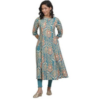 W For Woman Blue Floral Print Cotton A-Line Kurta_24Few11013-124126_L
