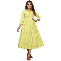 Rangita Women Lime Green Rayon Printed Calf Length Flared Dress_M