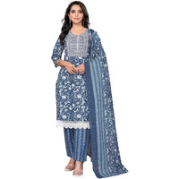 Rangita Blue Cotton Embroidered Straight Kurta With Pant And Dupatta | Kurta Set For Women_L