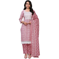 Rangita Pink Cotton Embroidered Straight Kurta With Pant And Dupatta | Kurta Set For Women_L