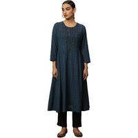 W For Woman Women's Cotton Blend Solid Regular Kurta (24Maf11862-920936_Bluestone