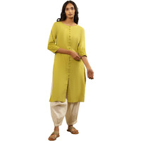 W For Woman Folksong By W Women Green Solid Cotton Straight Kurta_24Maf11727-920817_S