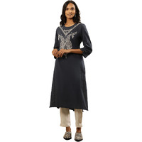 W For Woman Folksong By W Women Blue Festive Solid Cotton Straight Kurta_24Maf11863-920938_2Xl