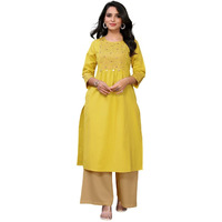 Rangita Yellow Cotton Calf Length Printed Straight Kurti | Kurta For Women_M
