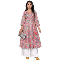 Rangita Coral Cotton Calf Length Printed Angarakha Kurti | Kurta For Women_M