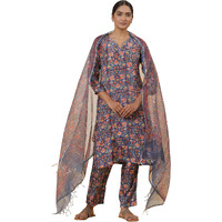W For Woman Folksong Blue Printed Viscose Straight Kurta, Salwar Pant & Dupatta_24Mafs11930-911441_L