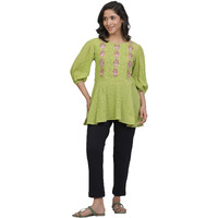 W For Woman Green Embroidered Print Cotton Straight Top_24Few30974-221892_Xl