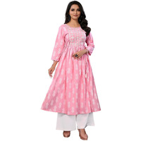 Rangita Pink Rayon Calf Length Embroidered A-Line Kurti With Drawstring | Kurta For Women_S