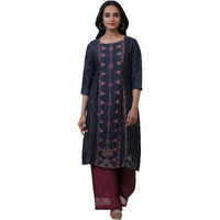 W Dark Blue Floral Printed Glitter Women's Top Palazzo Set