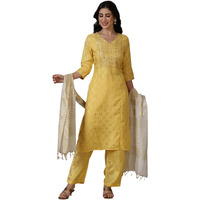 Aurelia Yellow Mirror Work Straight Kurta, Palazzo And Dupatta Set (Size: L)-24Auas15107-607235