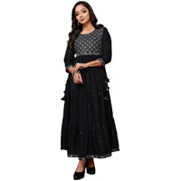 Rangita Black Rayon Ankle Length Embroidered Tiered Flared Kurti | Kurta For Women_M