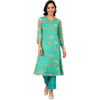 W For Woman Teal Blue Floral Printed Embroidered Neckline Chiffon A-Line Kurta_24Auw11404-124095_S