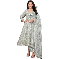 Rangita Green Cotton Blend Embroidered Flared Kurta With Afgani Pant And Dupatta | Kurta Set For Women_L