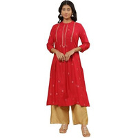 W Women Red Festive Geometric Print Viscose Straight Kurta Set With Parallel Pant_24Onws13896-114870_M