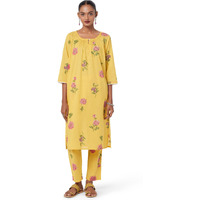 W For Woman Buttercup Yellow Floral Printed A-Line Cotton Kurta And Pants Co-Ord Set (Size: M)-24Auws10789-124181